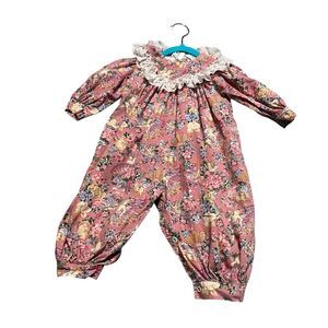 Vintage Something Pretty Pink Floral Ruffle Lace One Piece Baby Outfit 6-9M